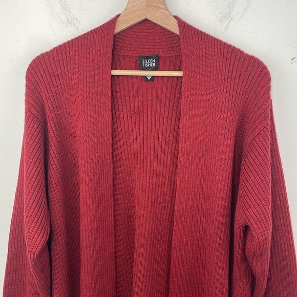Eileen Fisher Open Front Ribbed Cardigan Sweater 100% Merino Wool Deep Red Med - Picture 2 of 13